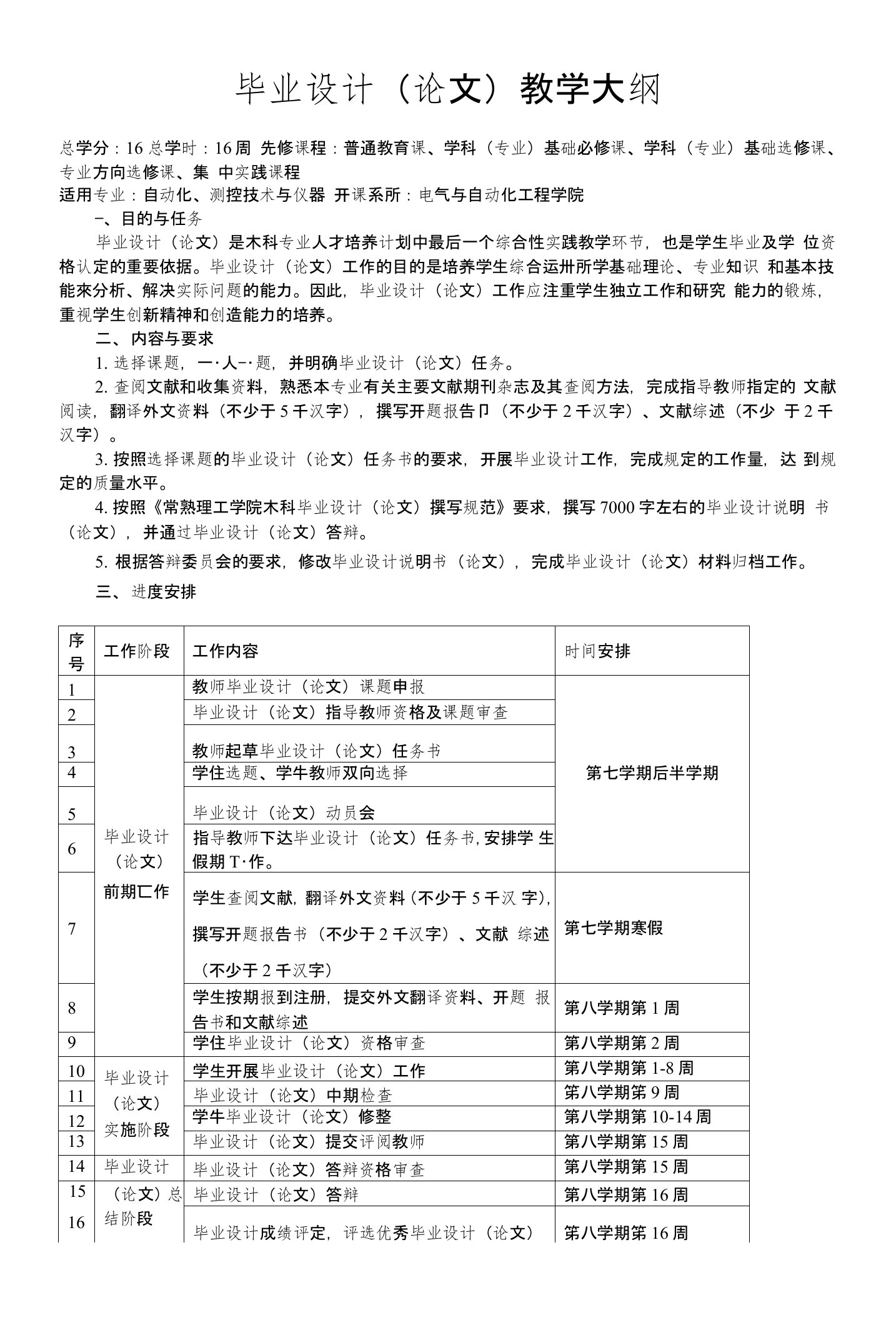 毕业设计(论文)教学大纲