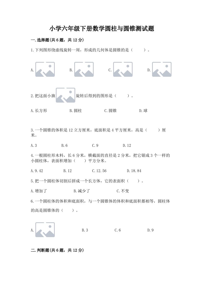 小学六年级下册数学圆柱与圆锥测试题精品【b卷】