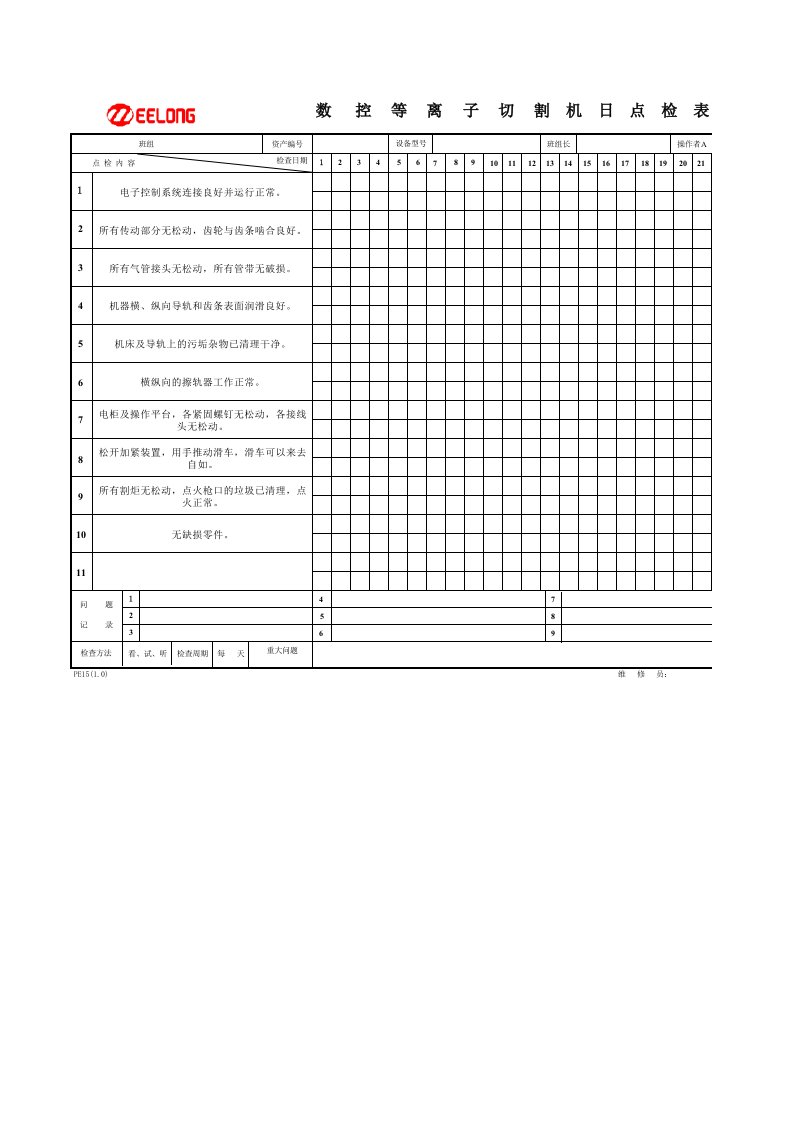 数控等离子切割机日点检表