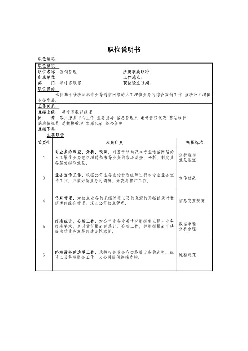 营销管理岗位说明书大全27