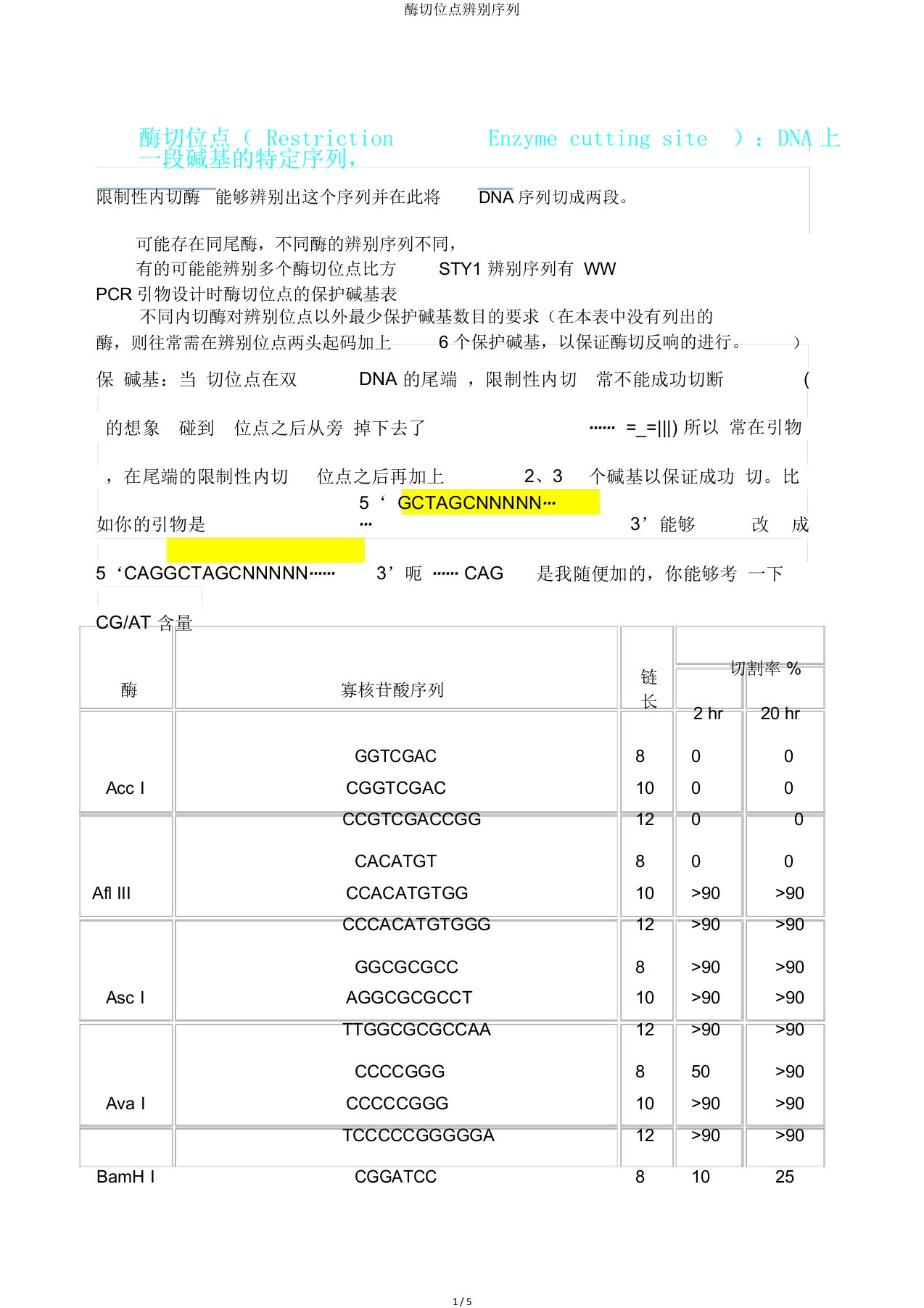 酶切位点识别序列