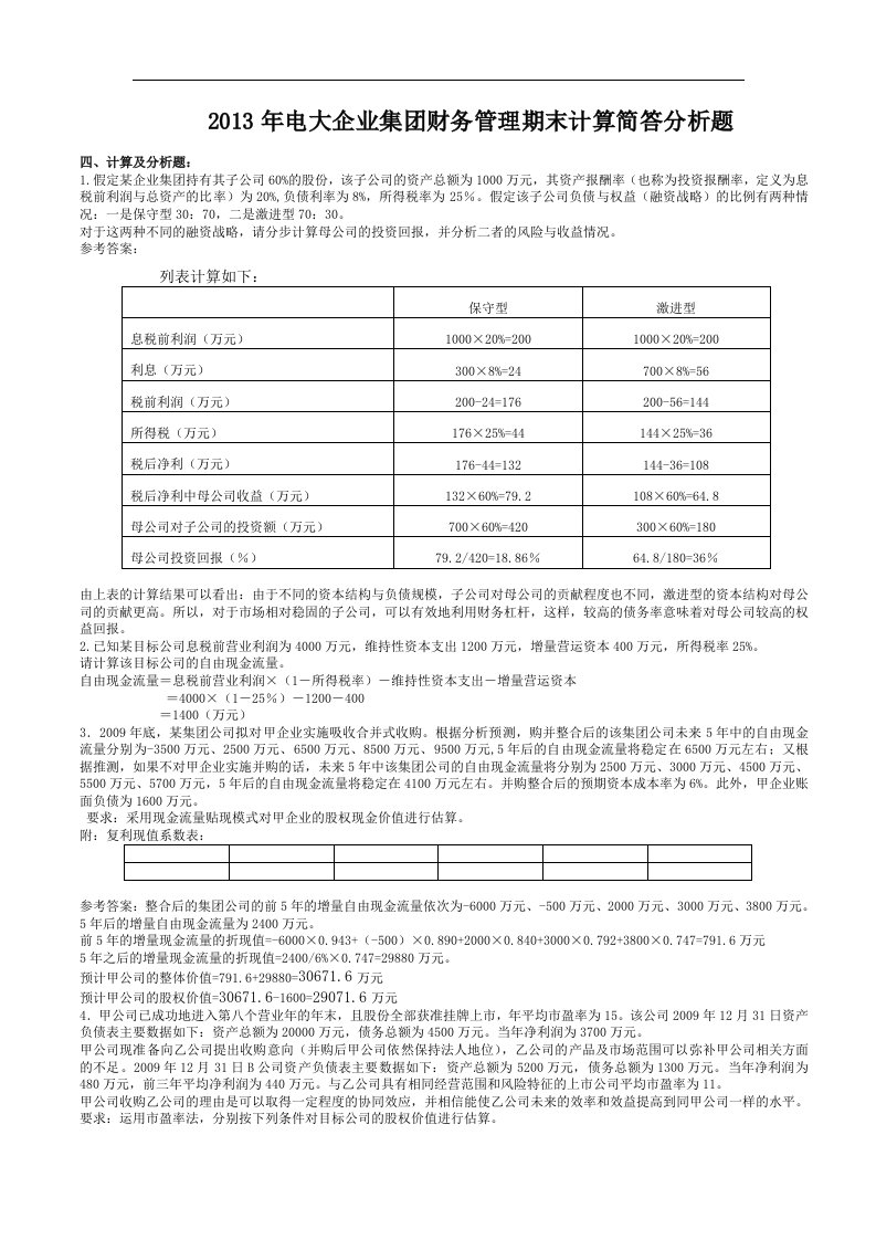 2013年电大《企业集团财务管理》期末计算简答分析题