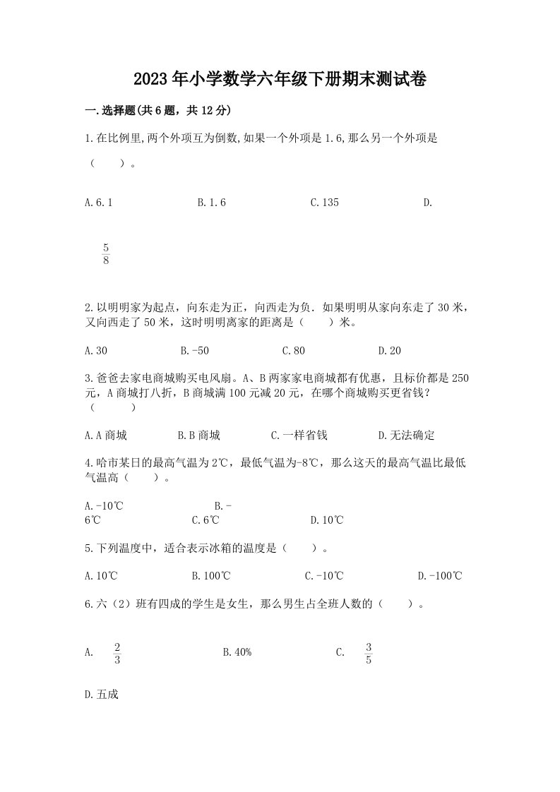 2023年小学数学六年级下册期末测试卷（能力提升）