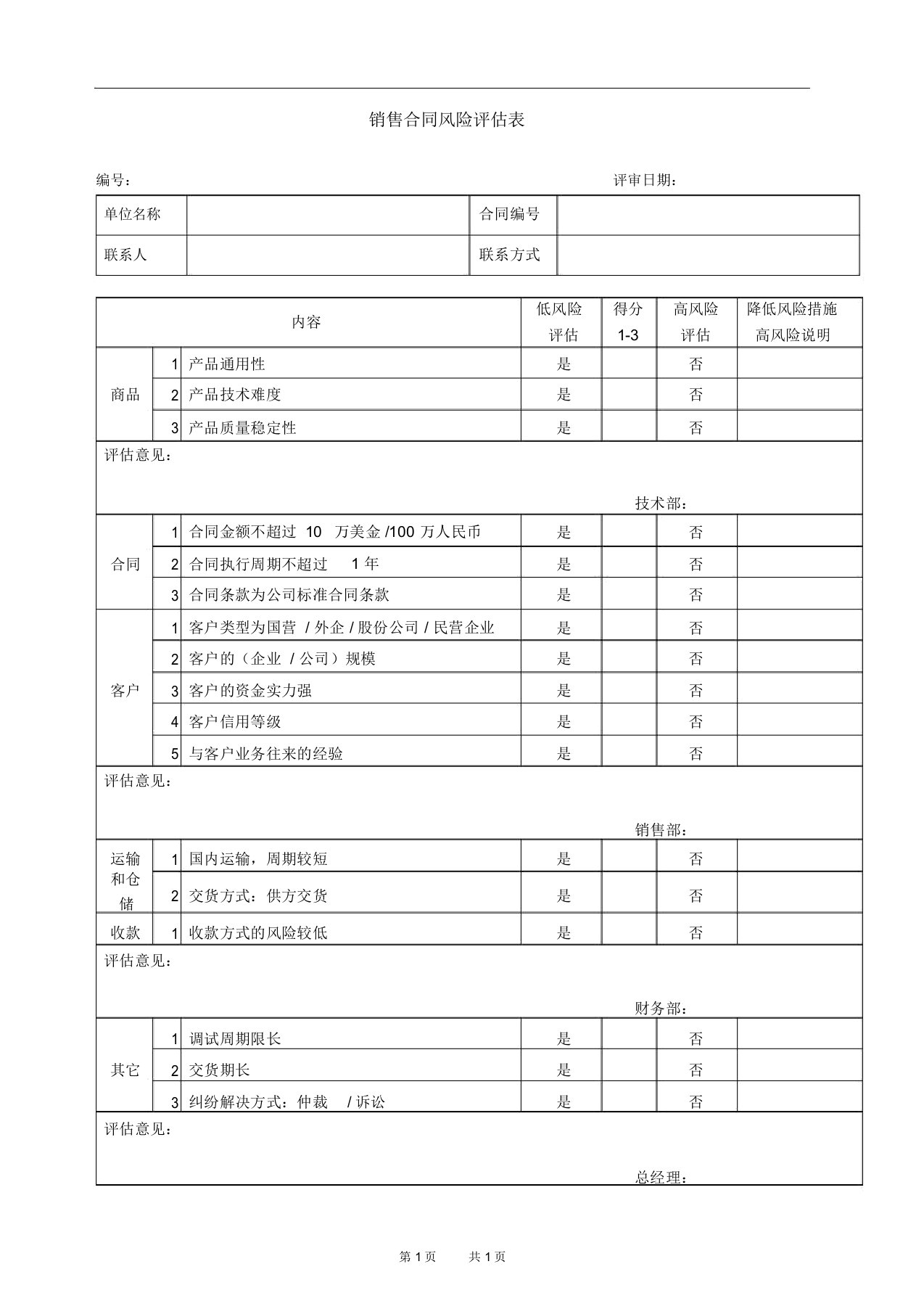 销售合同风险评估表