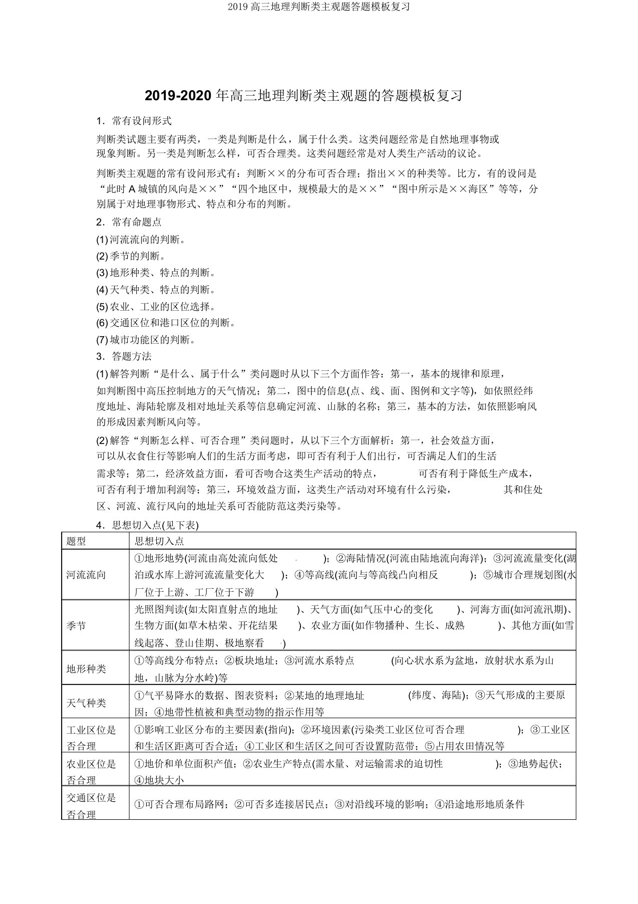 2019高三地理判断类主观题答题模板复习