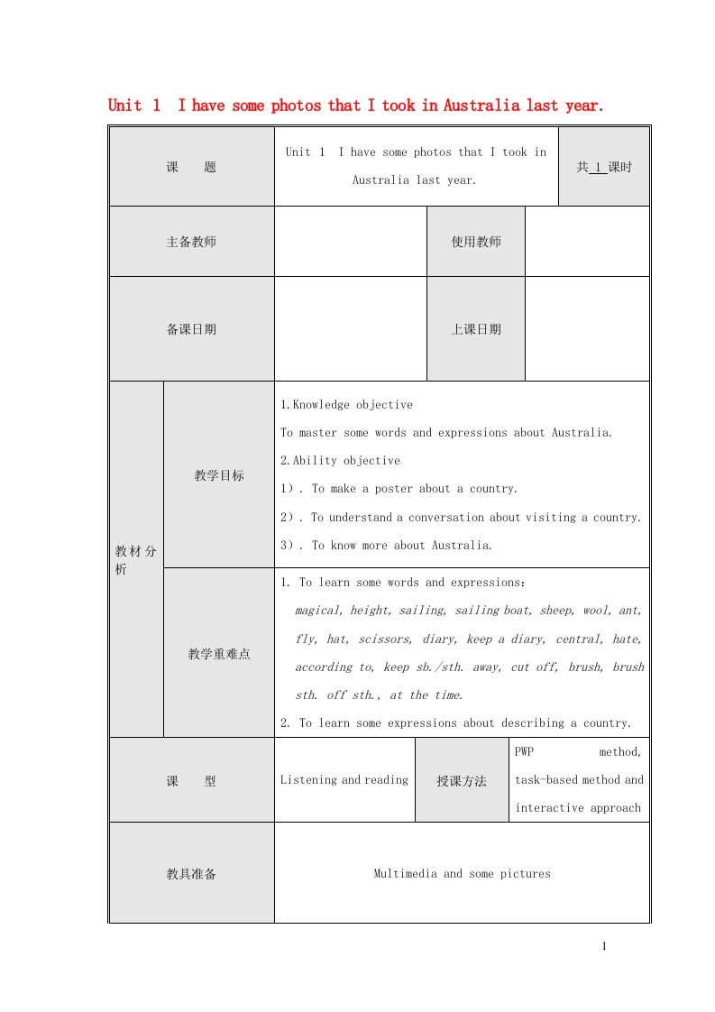 2021秋九年级英语上册Module10AustraliaUnit1IhavesomephotosthatItookinAustralialastyear教案新版外研版