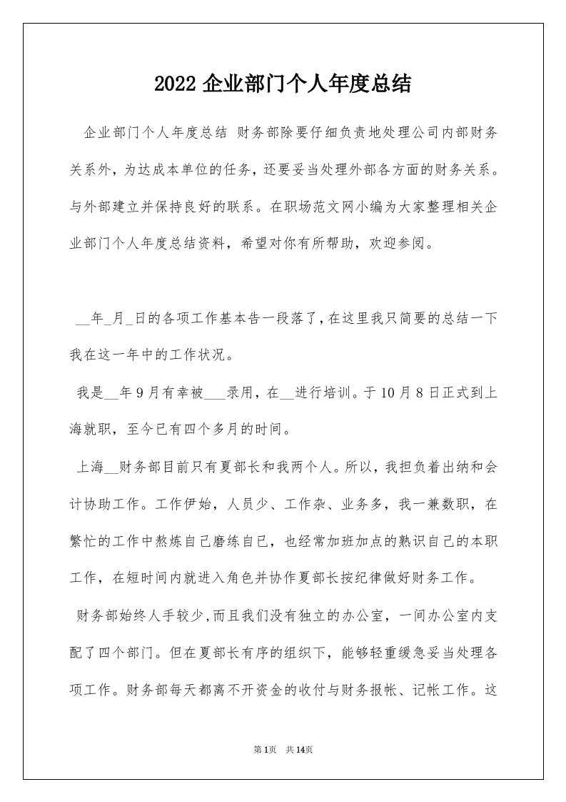 2022企业部门个人年度总结