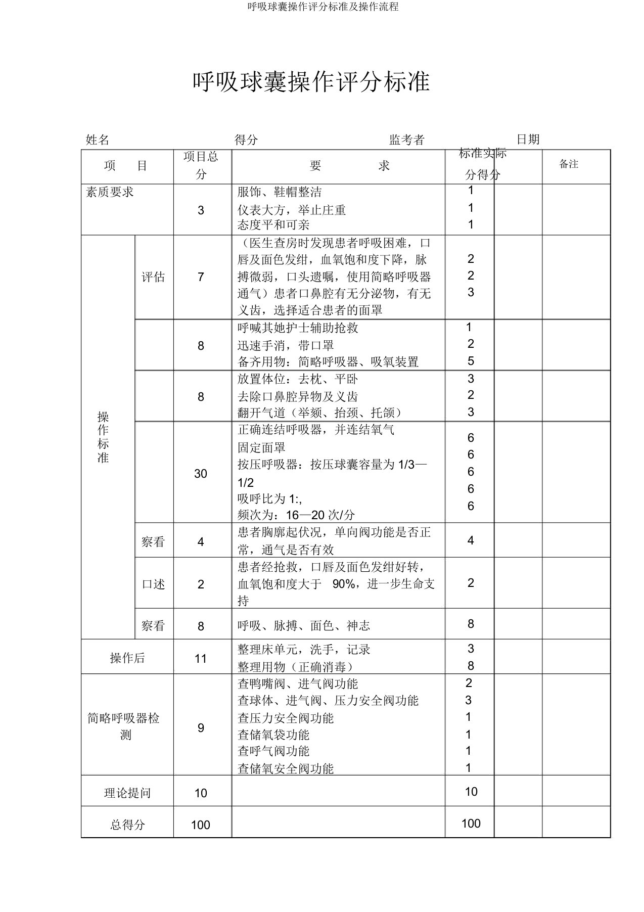 呼吸球囊操作评分标准及操作流程