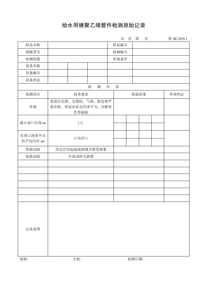 建筑资料-鲁JJC0381给水用硬聚乙烯管件检测原始记录