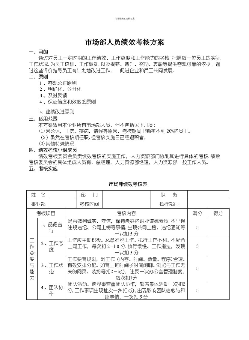 市场部绩效考核方案