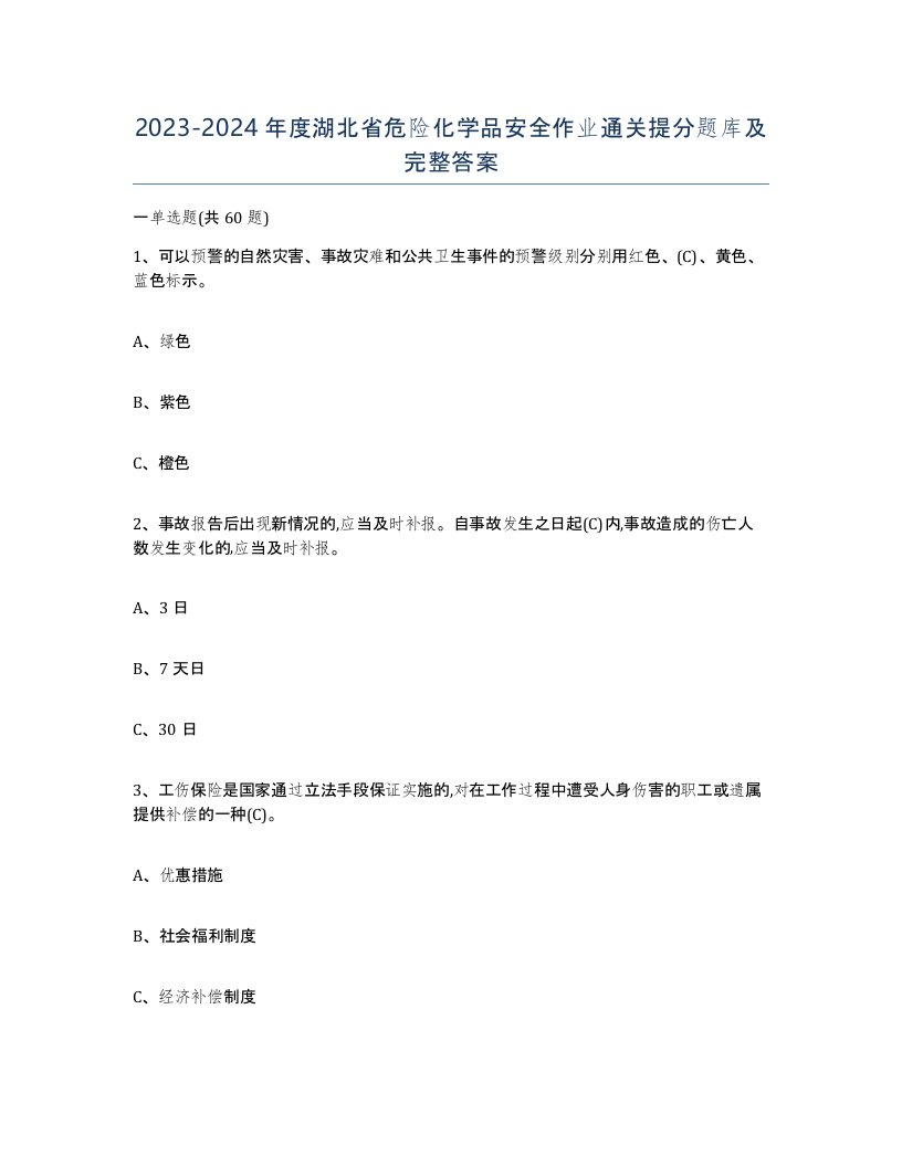 20232024年度湖北省危险化学品安全作业通关提分题库及完整答案