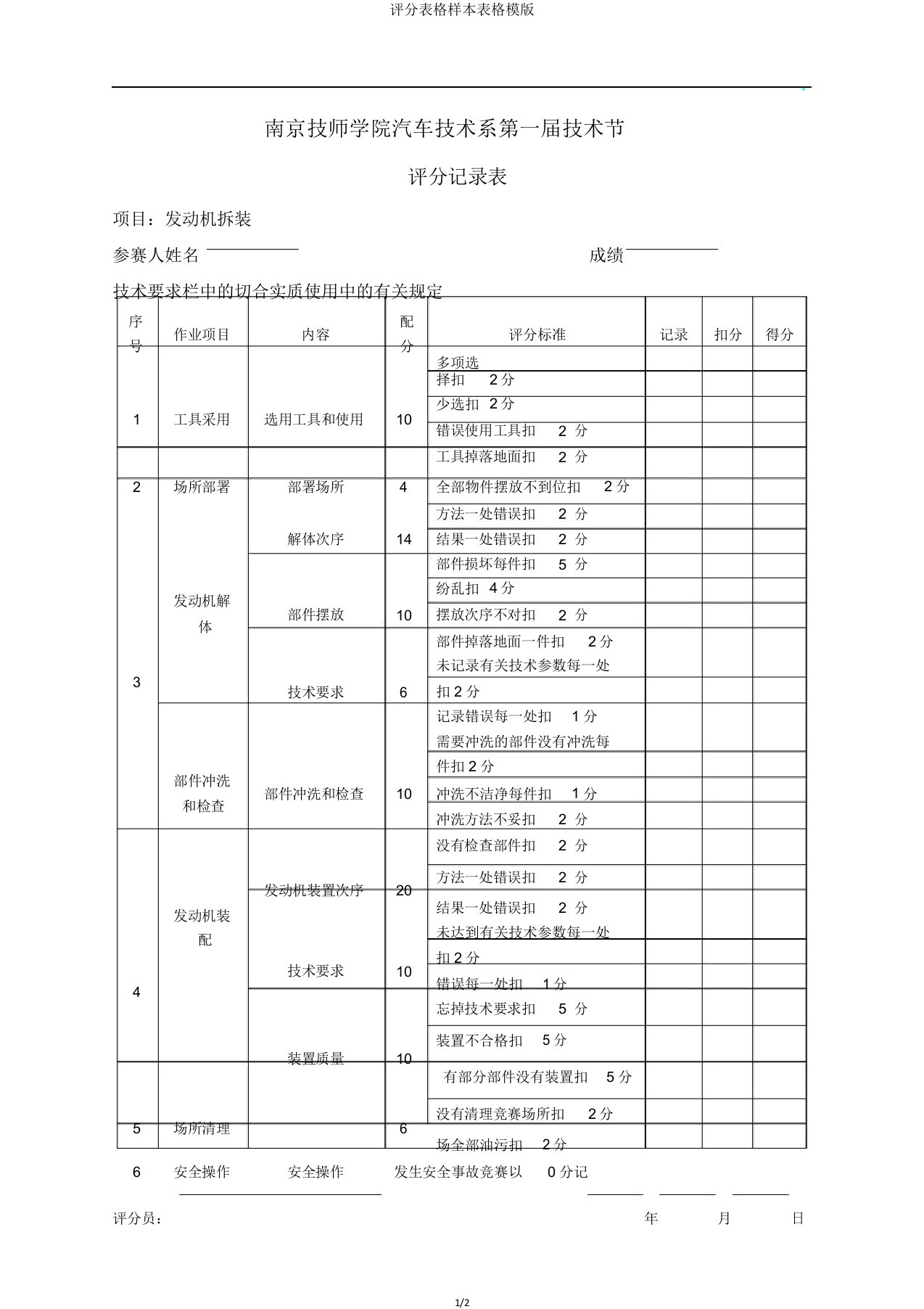 评分表格样本表格模版