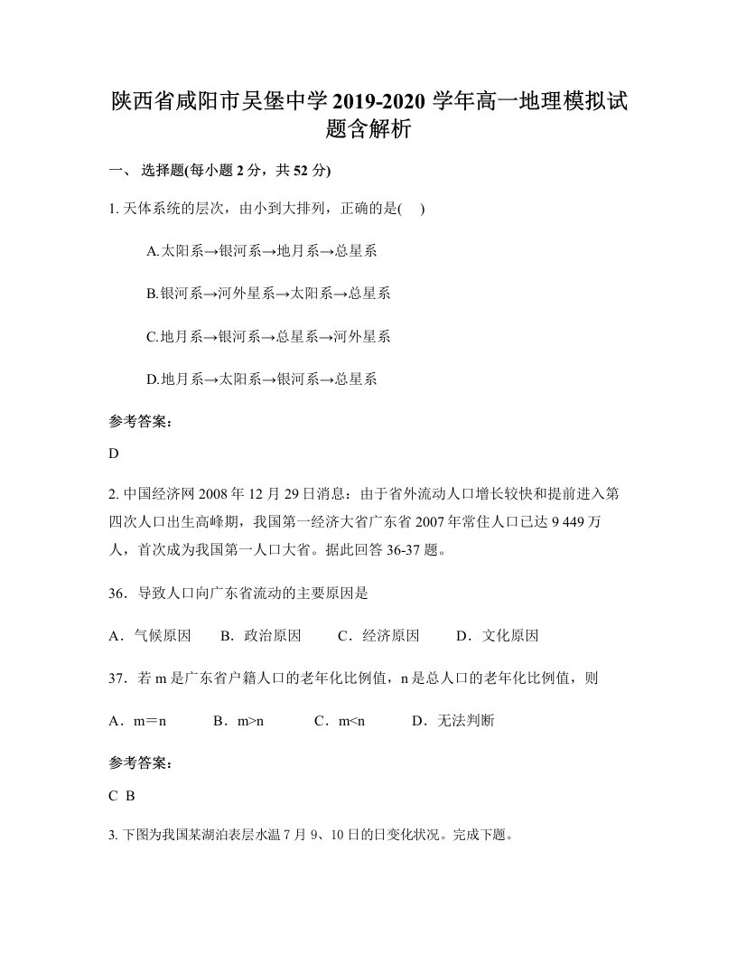 陕西省咸阳市吴堡中学2019-2020学年高一地理模拟试题含解析