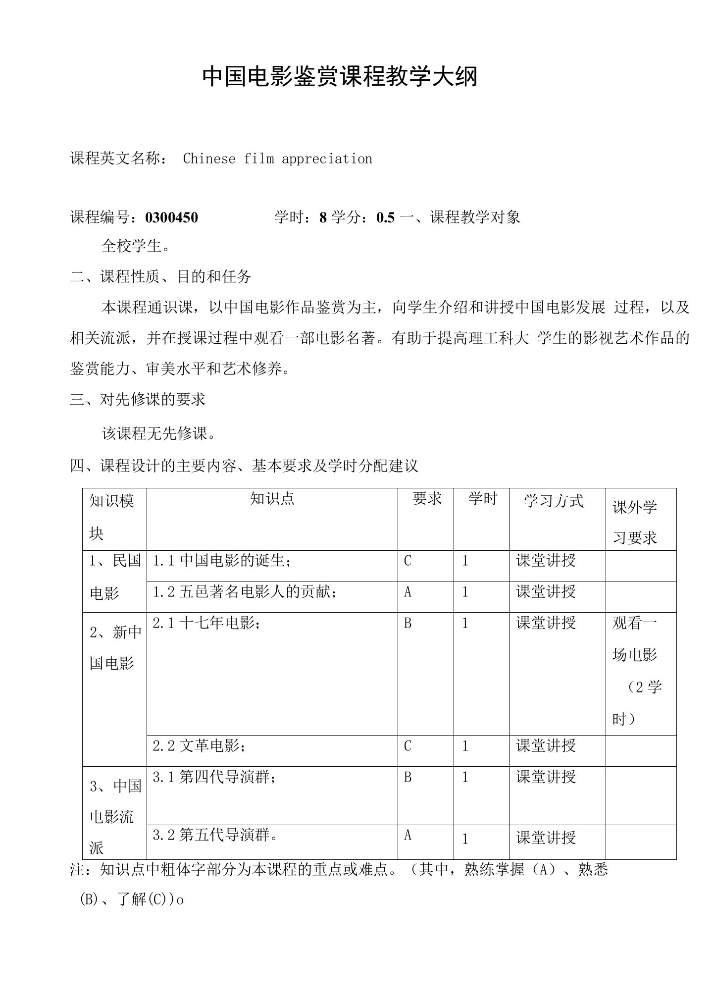 中国电影鉴赏课程教学大纲