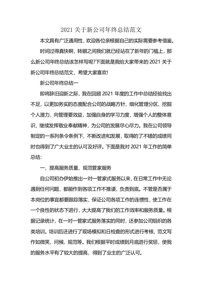 2021关于新公司年终总结范文