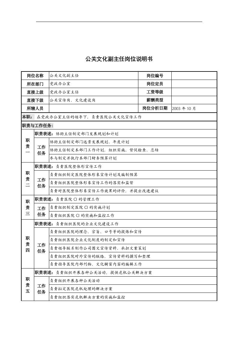 湖北新华医院党政办公室公关文化副主任岗位说明书