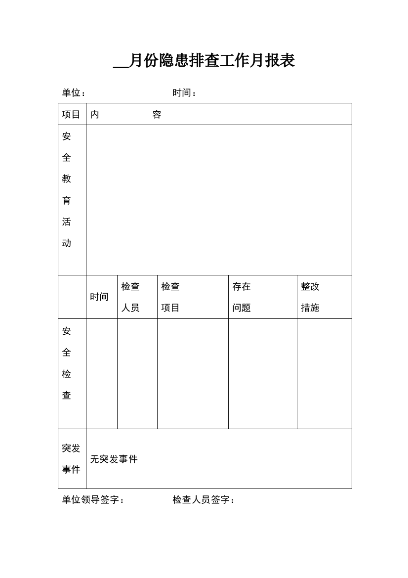 月份隐患排查工作月报表