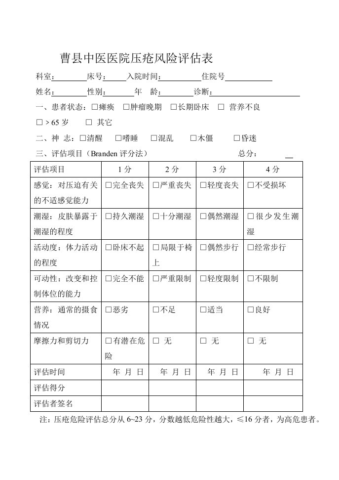 压疮风险评估表