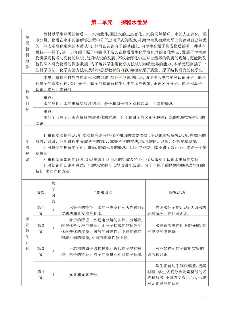 九年级化学上册第二单元探秘水世界教案鲁教版