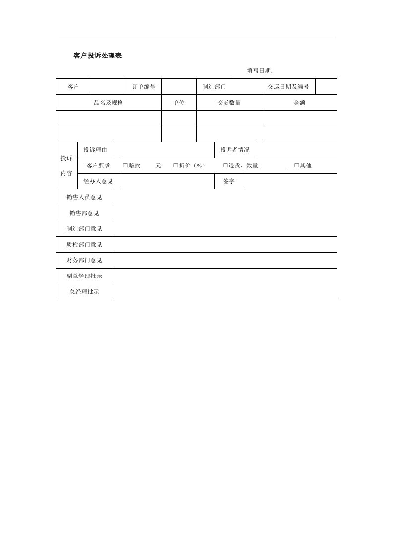 客户投诉处理表