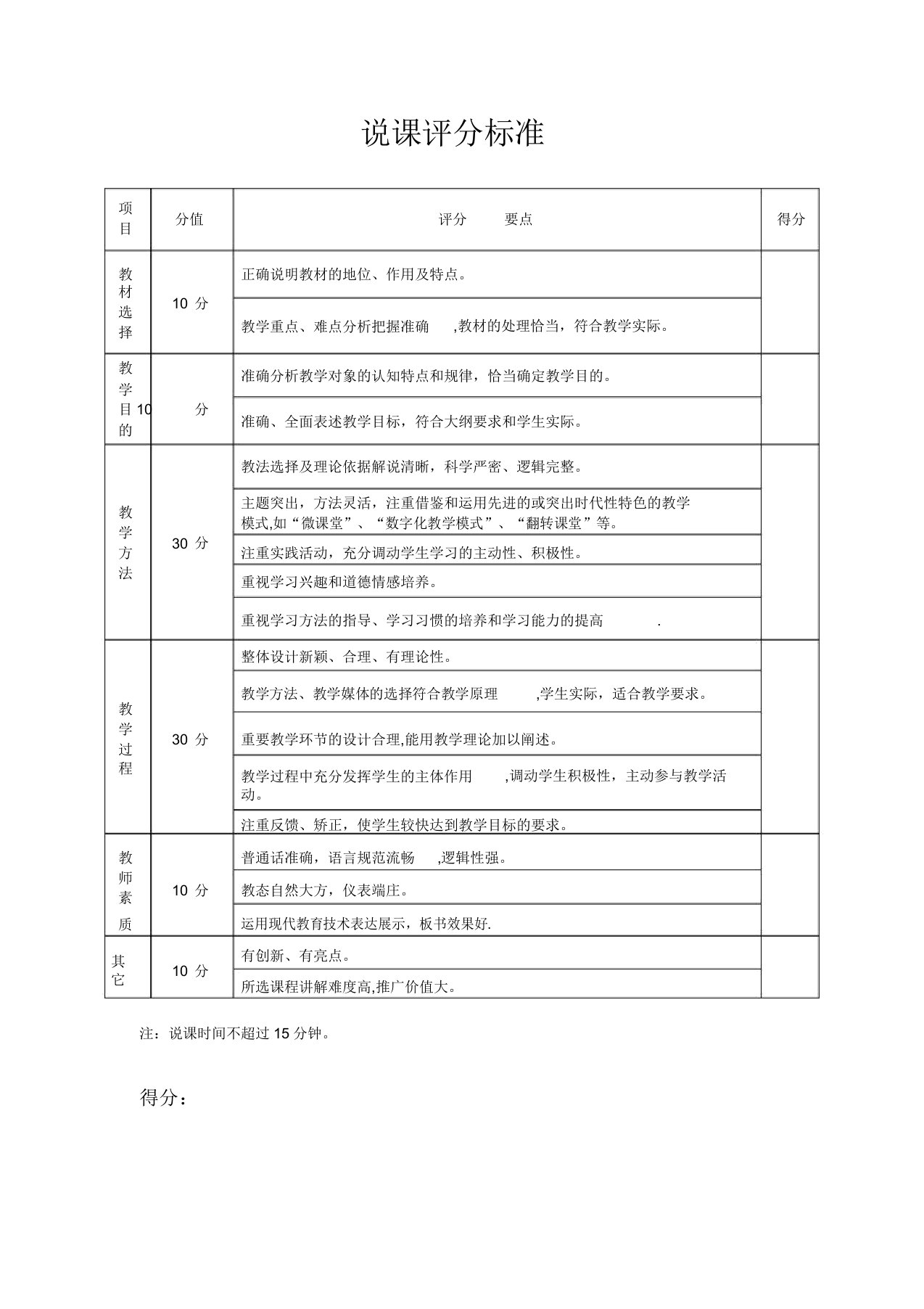 教师招聘面试评分标准