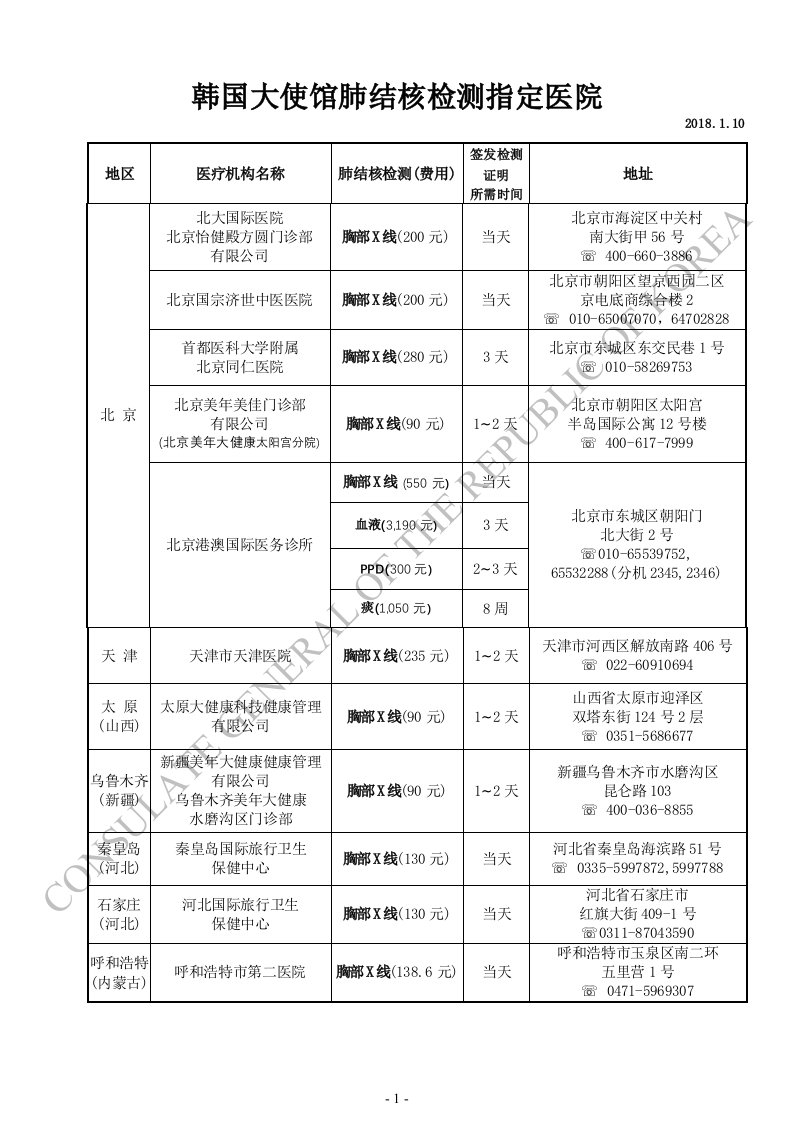 韩国大使馆肺结核检测指定医院