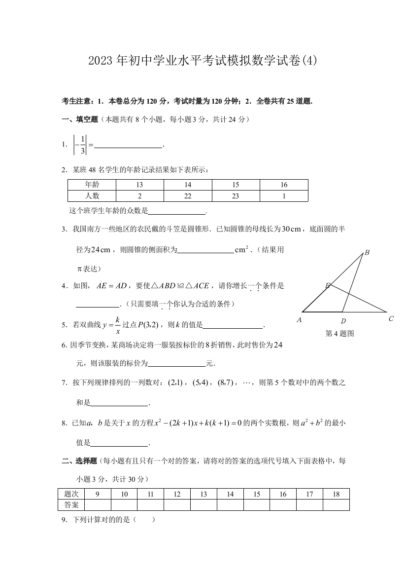 2023年初中学业水平考试模拟数学试卷