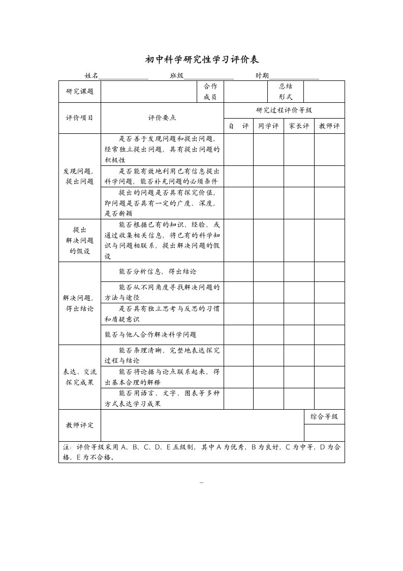 初中科学研究性学习评价表