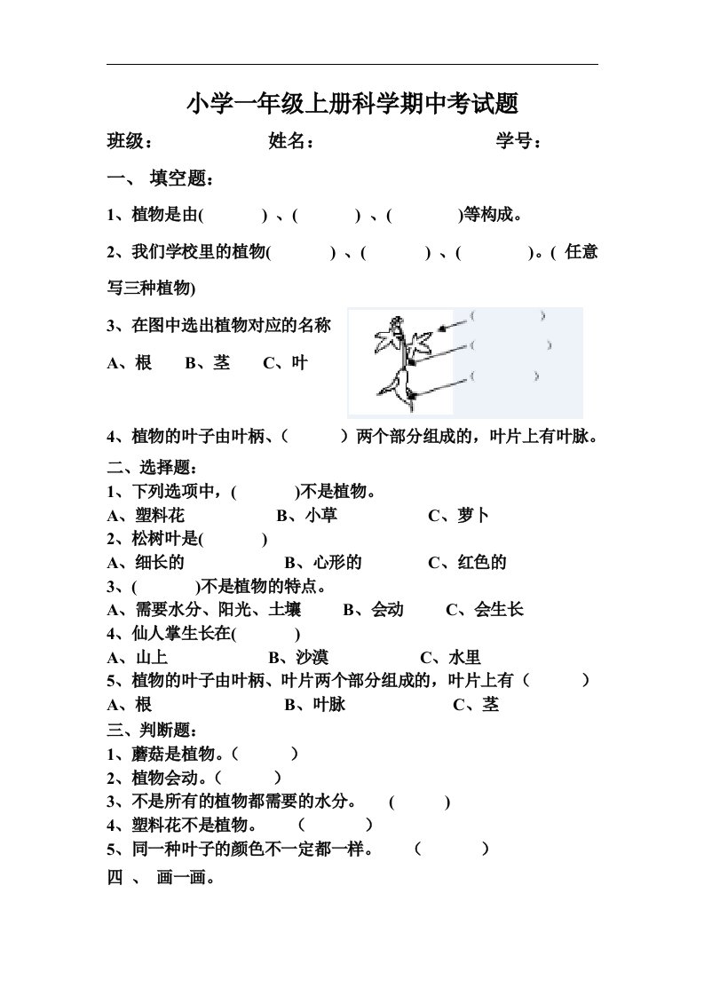 2017-2018学年教科版小学一年级上册科学期中考试题（无答案）