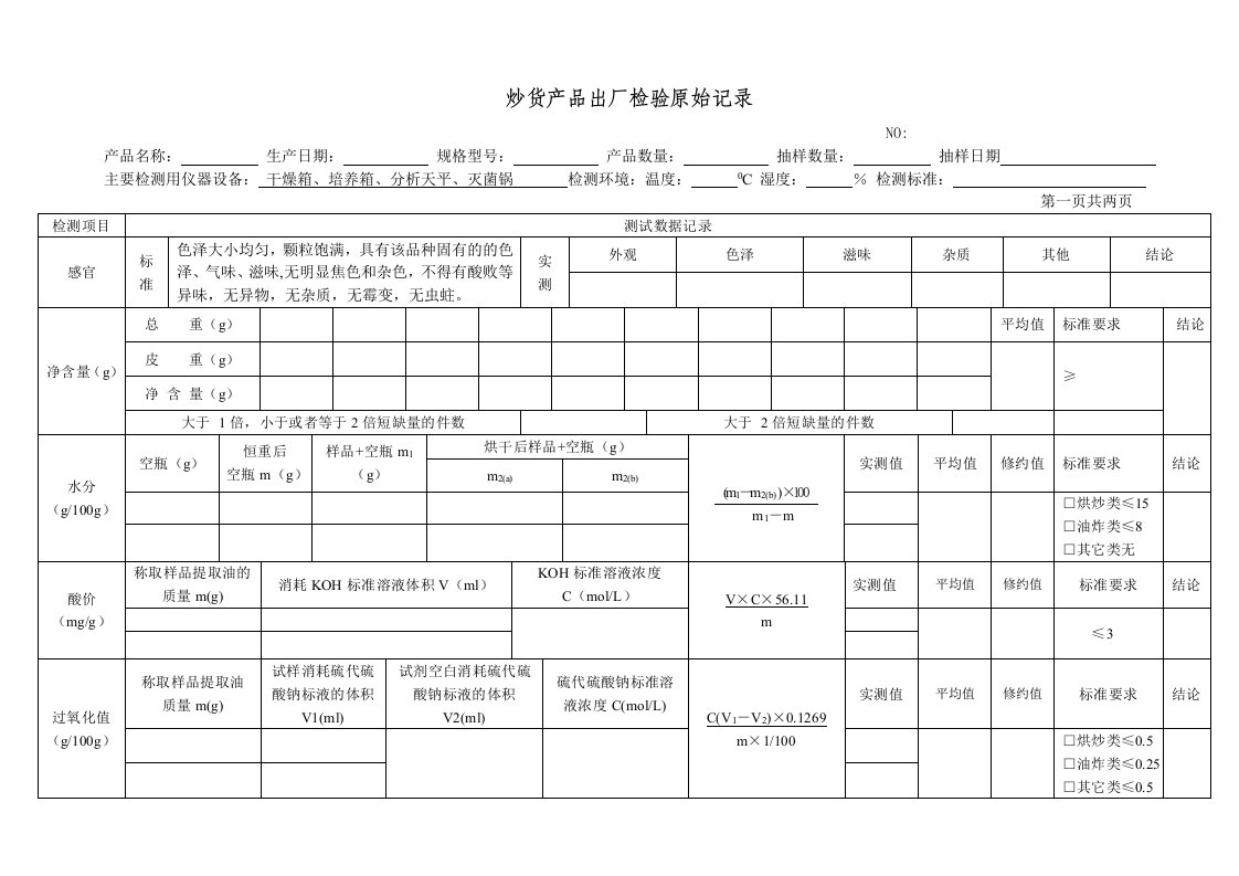 炒货产品出厂检验原始记录