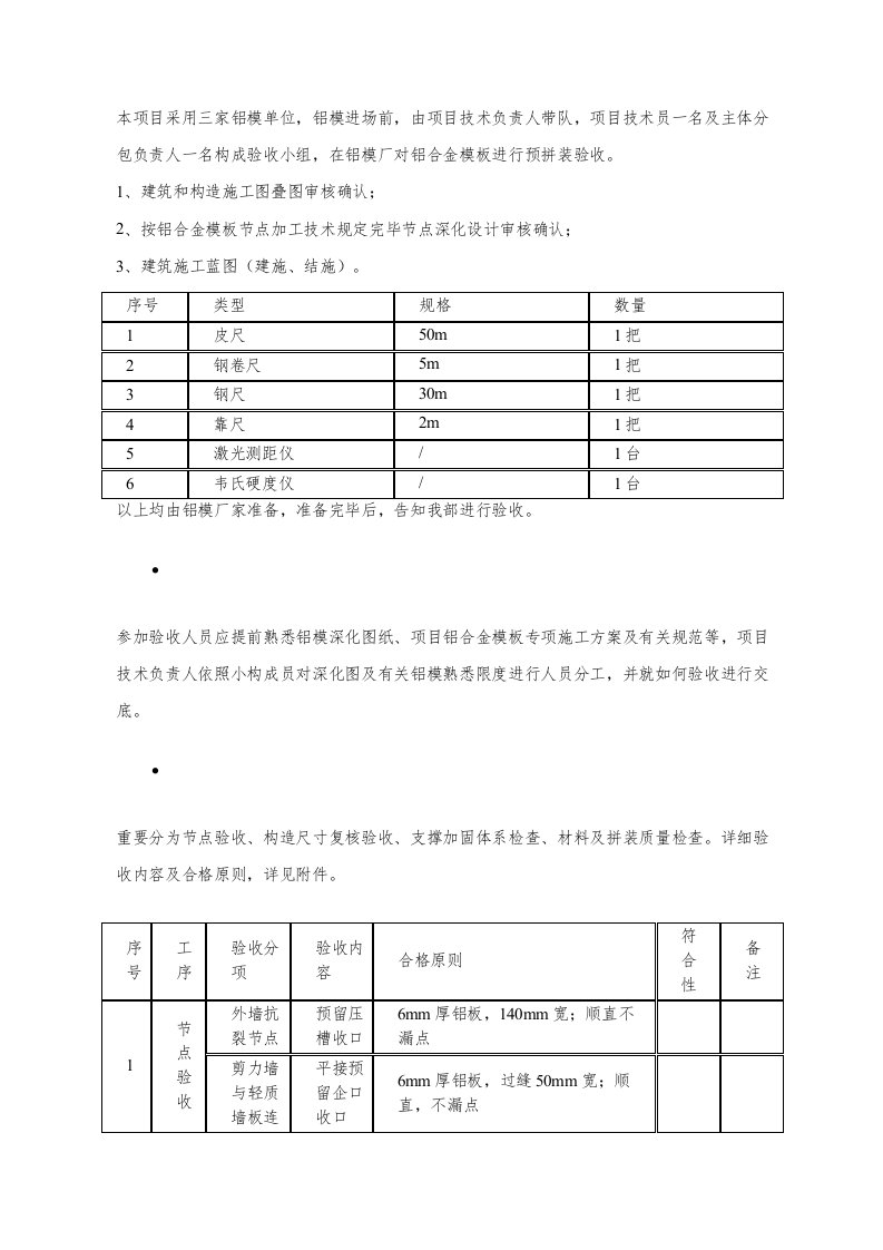 铝合金模板进场预验收方案