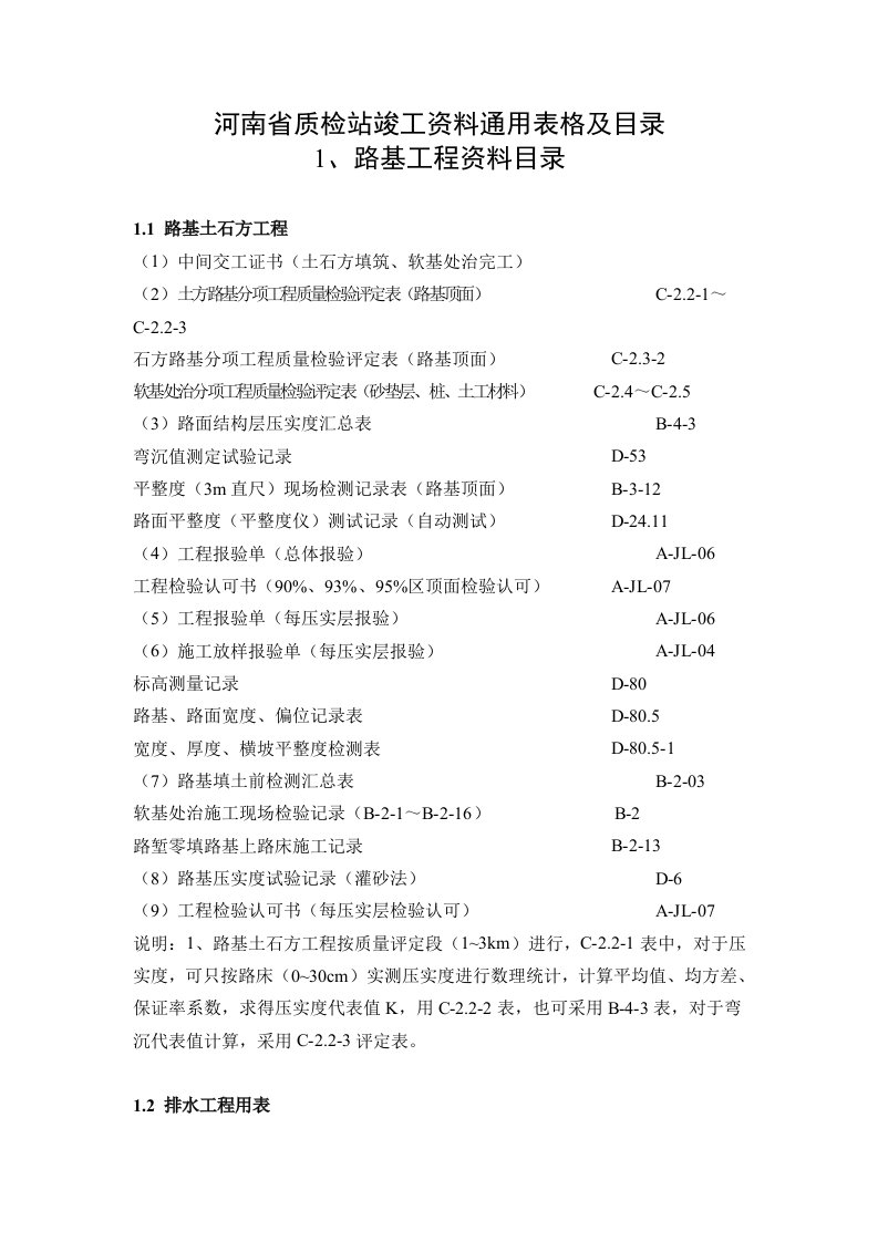 河南省质检站竣工资料通用表格及目录