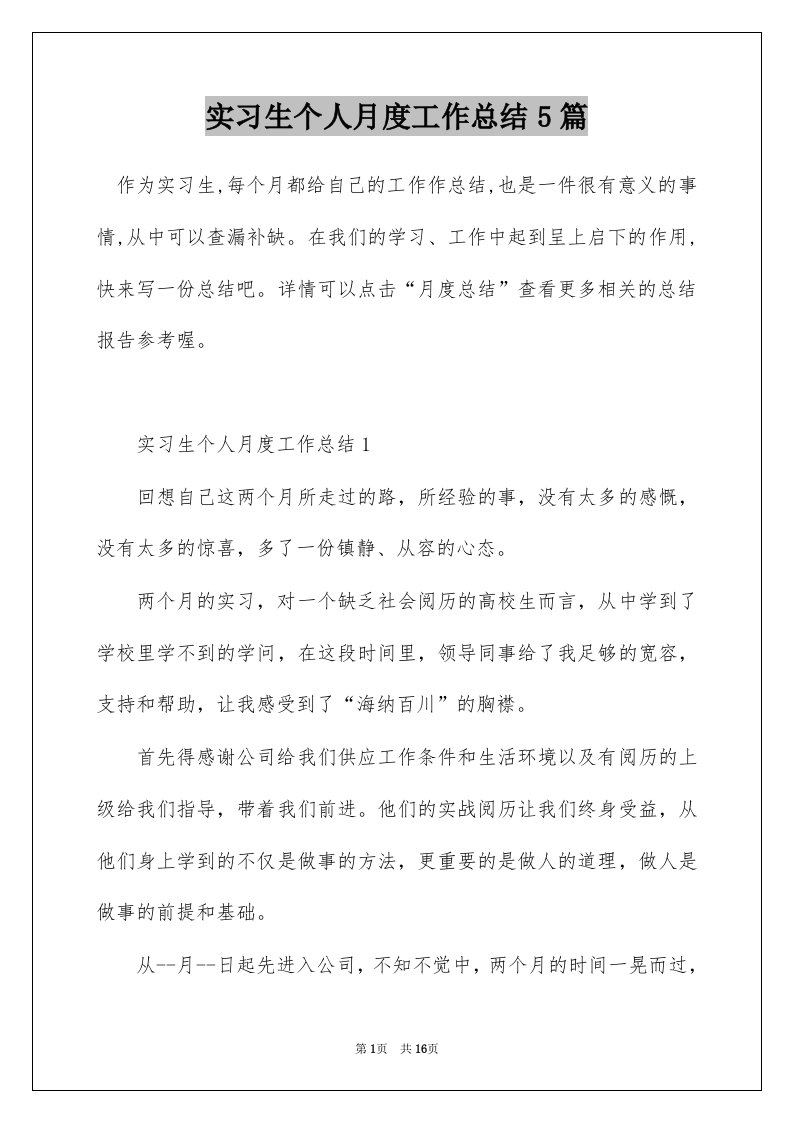 实习生个人月度工作总结5篇