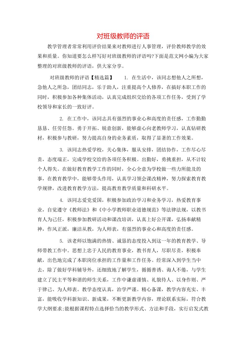 对班级教师的评语