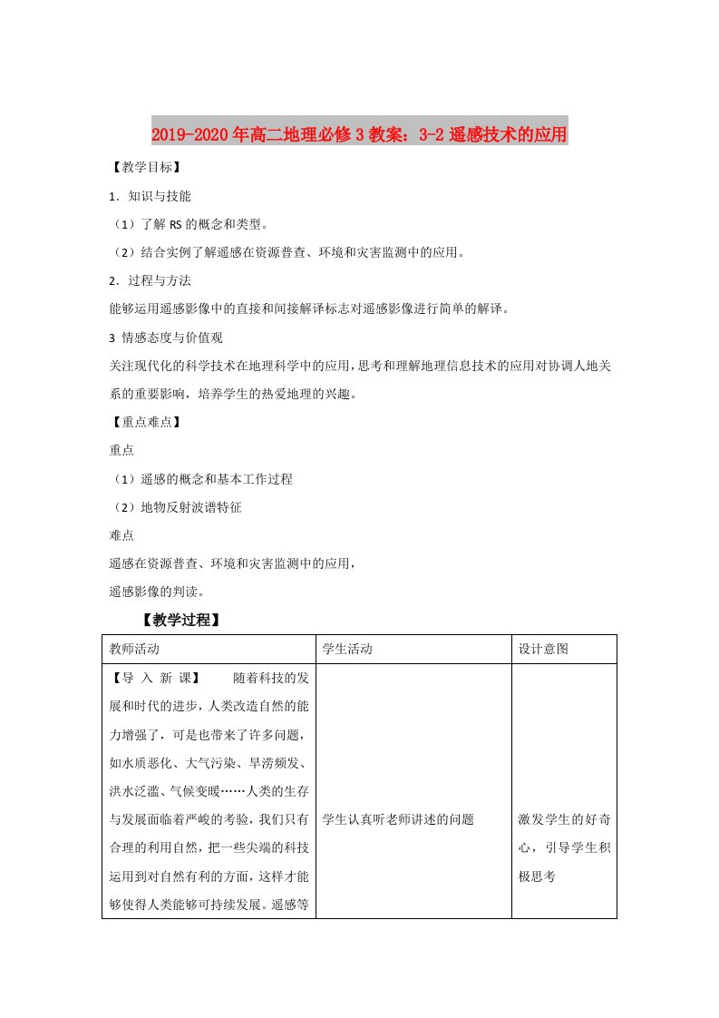 2019-2020年高二地理必修3教案：3-2遥感技术的应用