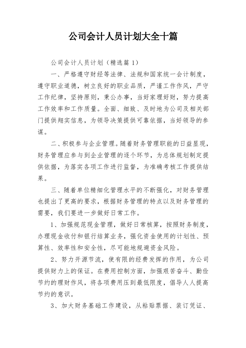 公司会计人员计划大全十篇