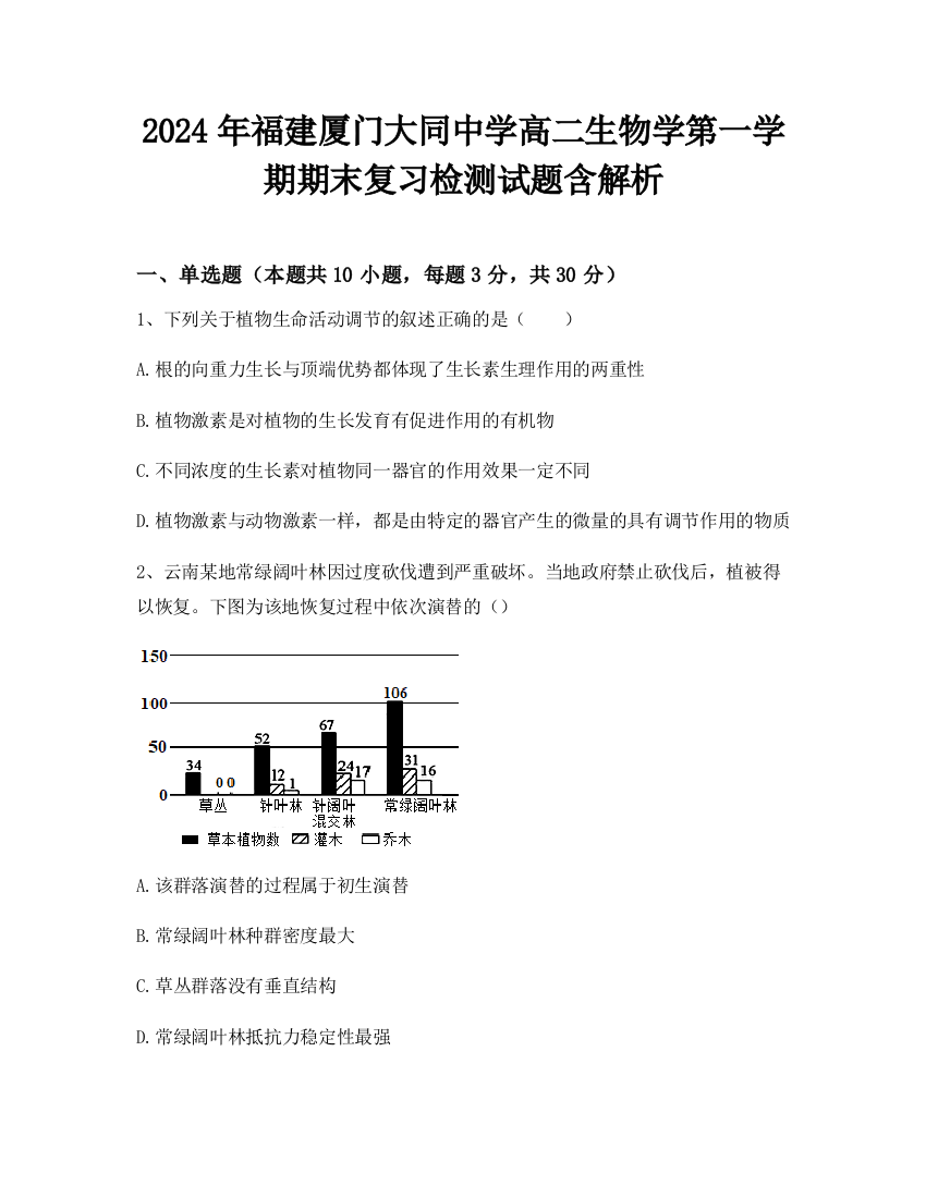 2024年福建厦门大同中学高二生物学第一学期期末复习检测试题含解析