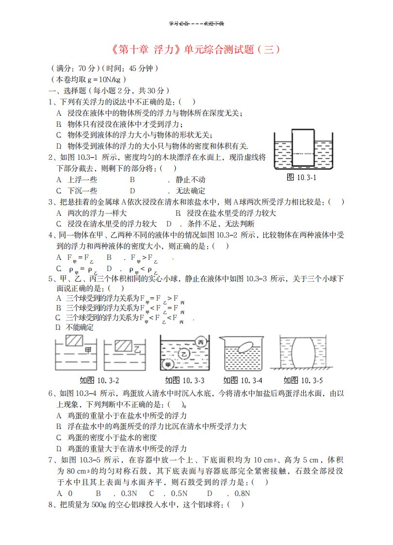 2023年八年级物理下册《第十章