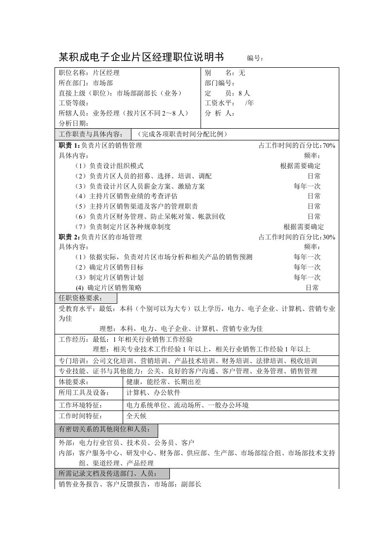 电子行业-积成电子企业片区经理职位说明书