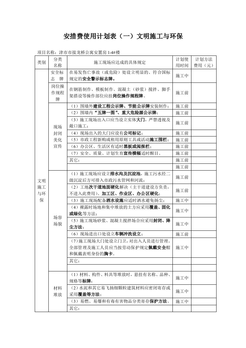 安措费使用计划表