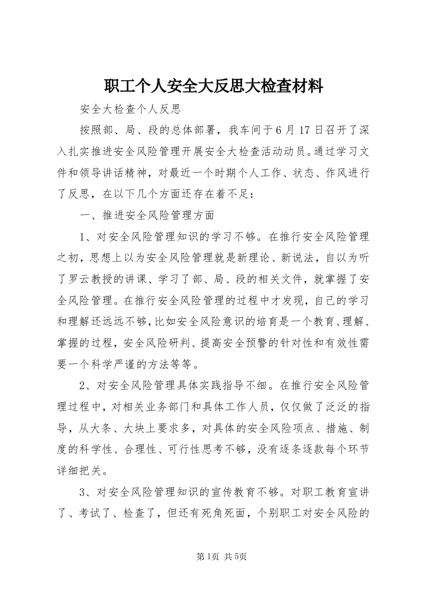 职工个人安全大反思大检查材料