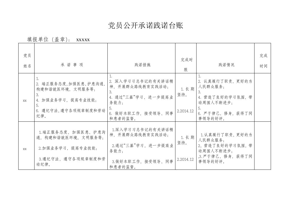 党员公开承诺践诺台账模板