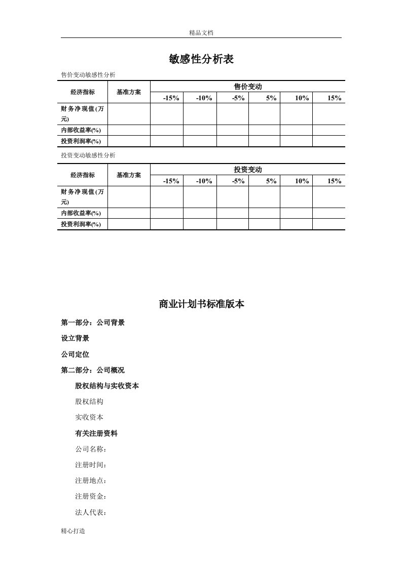 敏感性分析表可行性研究报告可编辑