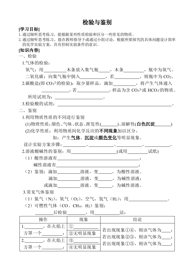 检验鉴别分离提纯专题复习导学案无答案