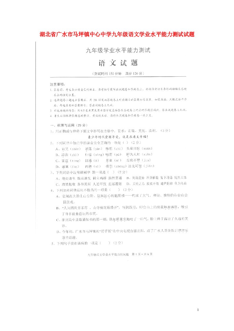 湖北省广水市马坪镇中心中学九级语文学业水平能力测试试题（扫描版）