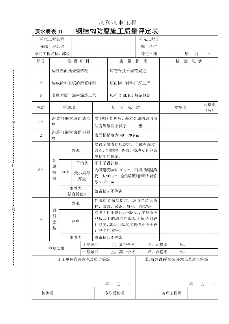 工程资料-深水质表31钢结构防腐施工质量评定表