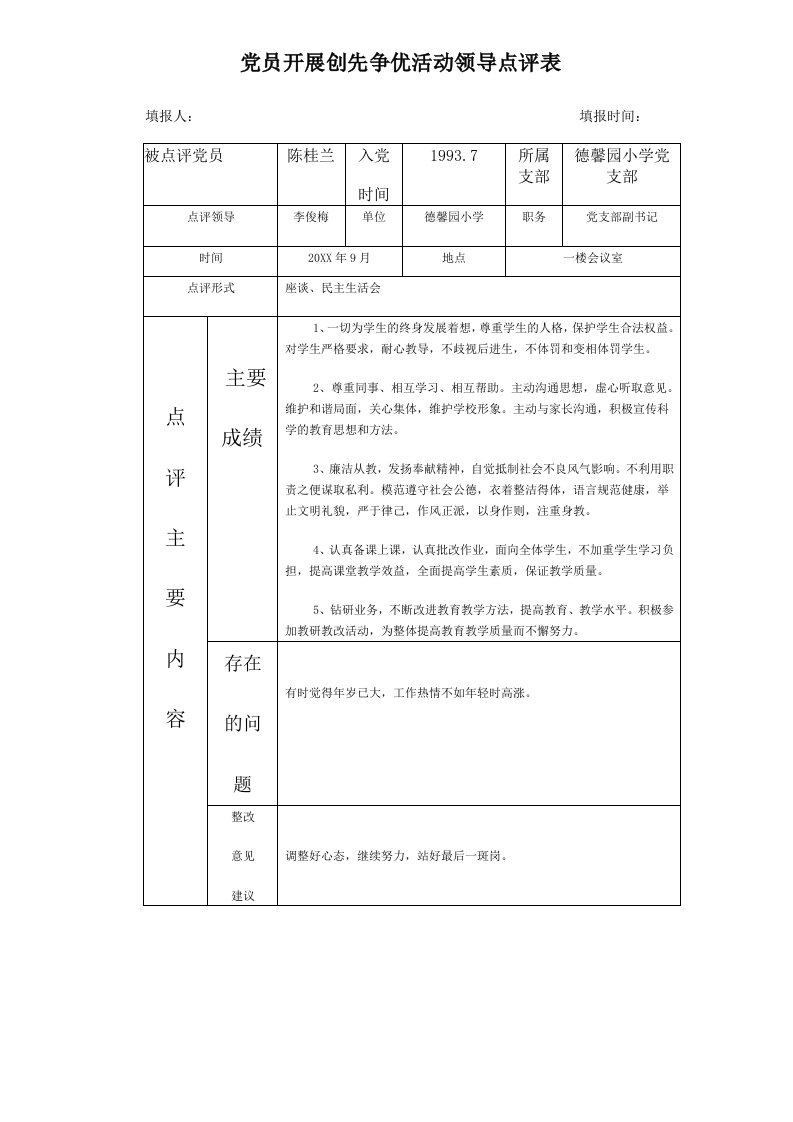 领导管理技能-党员开展创先争优活动领导点评表