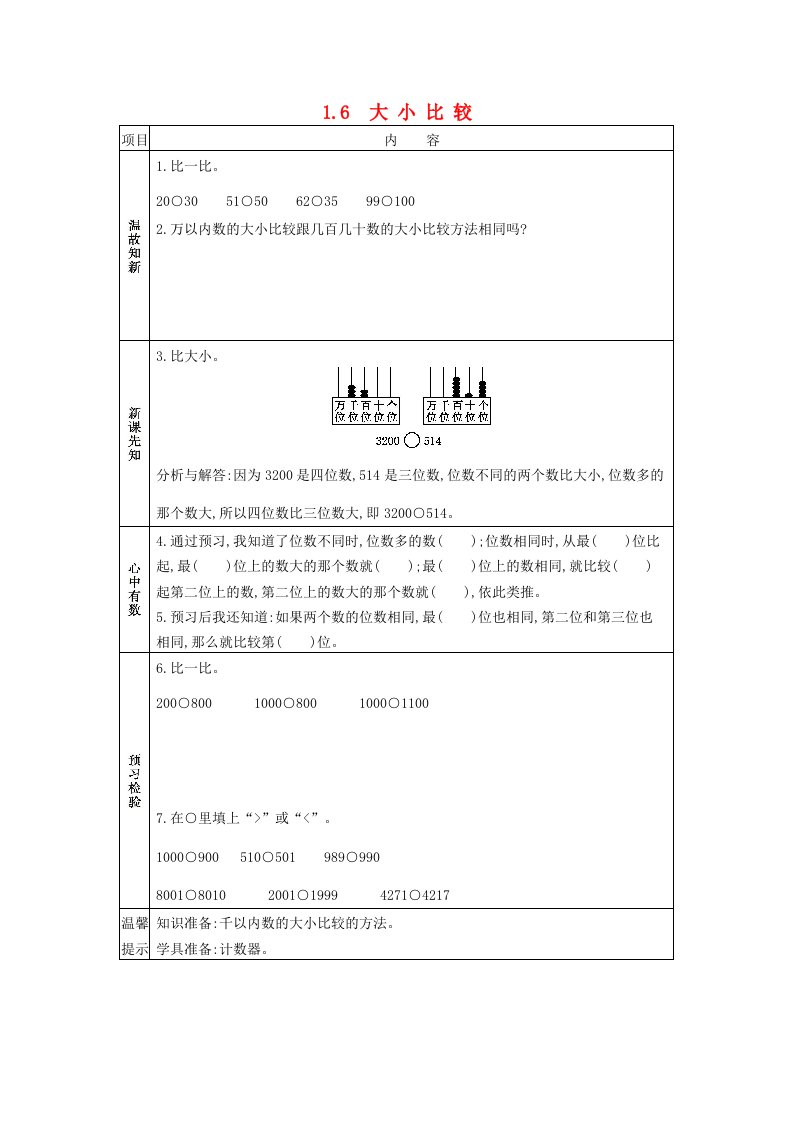 二年级数学下册第一单元万以内数的认识1.6大小比较学案西师大版20210605193