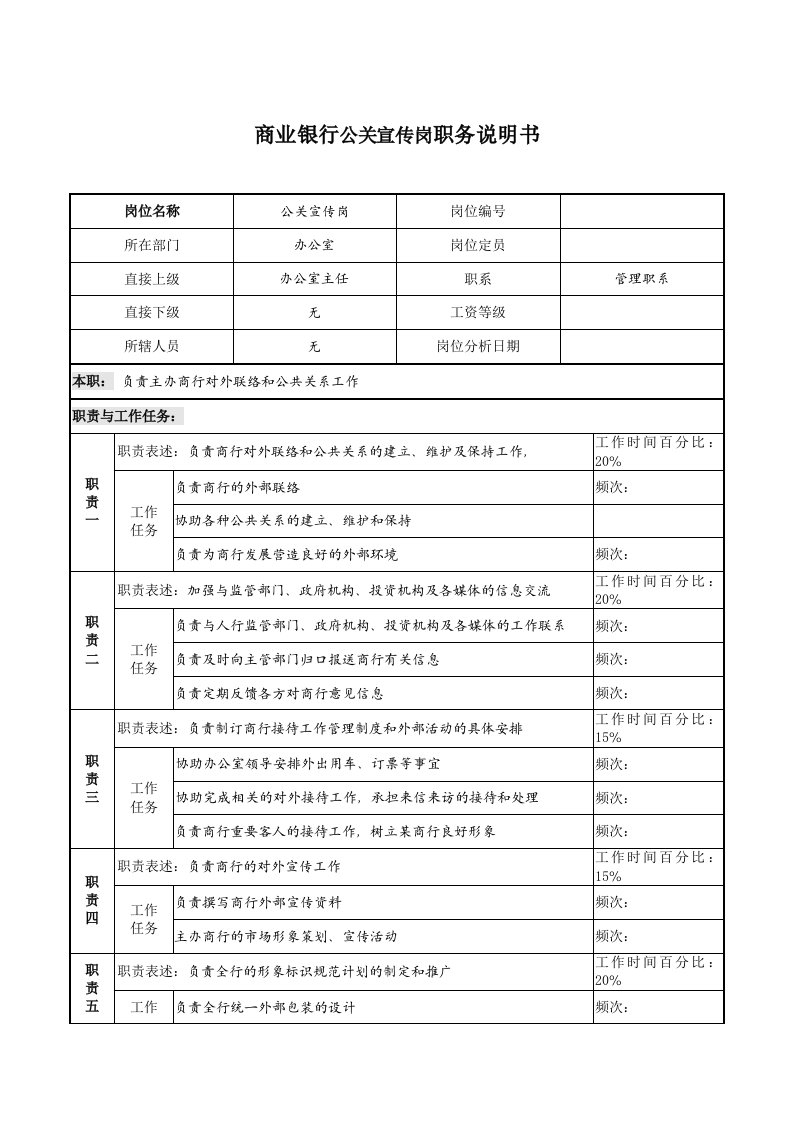 商业银行公关宣传岗职务说明书