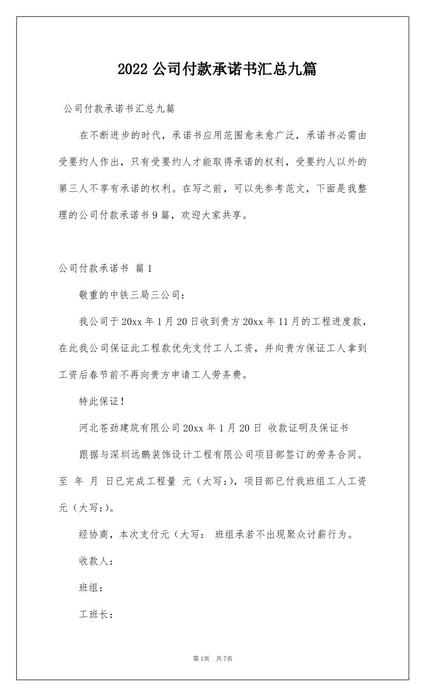 2022公司付款承诺书汇总九篇